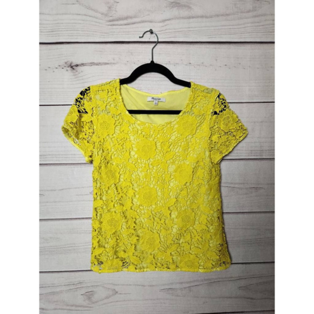 Madewell Womens T-Shirt Yellow Floral Lace Short Sleeve Scoop‎ Neck Lined XS
